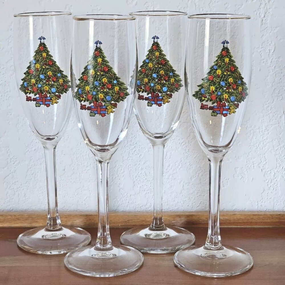 Christmas Treasure Champagne Flutes 8" tree w/ presents gold trim Action Ind.